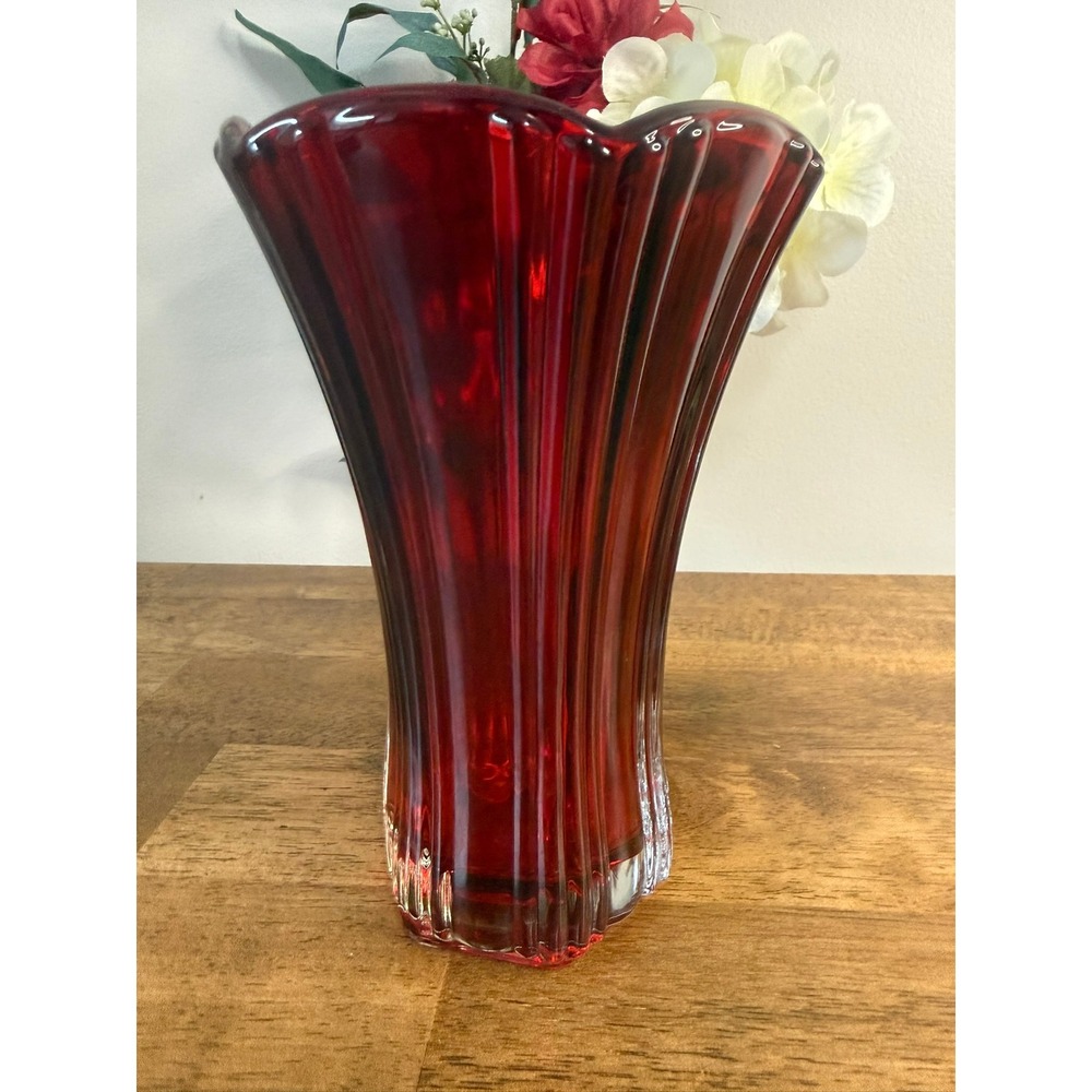 Vintage Anchor Hocking Ruby Red Glass Vase Fluted Scalloped Fan Rim Art Deco